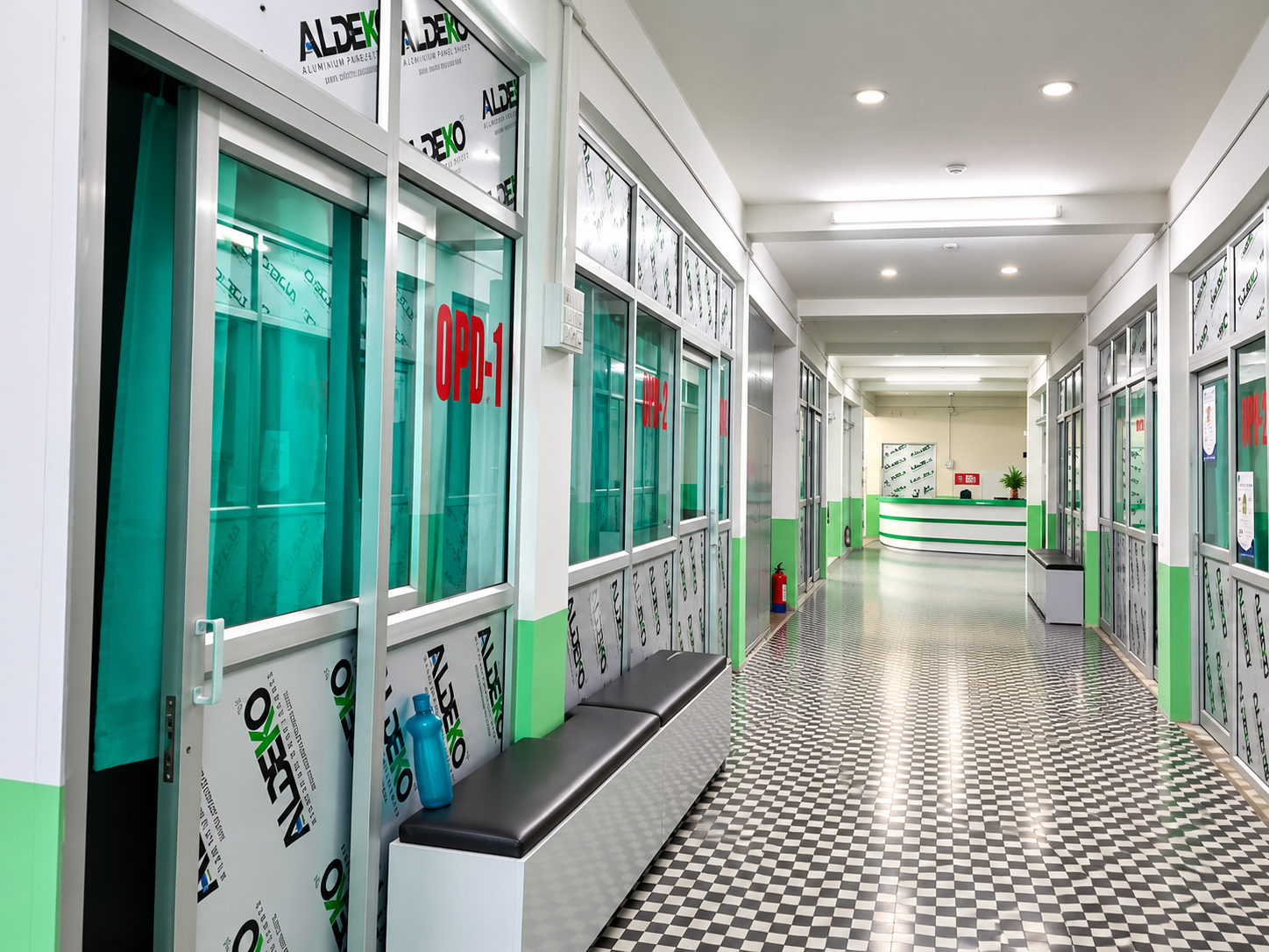 Green and white OPD hallway inside Prazal Hospital